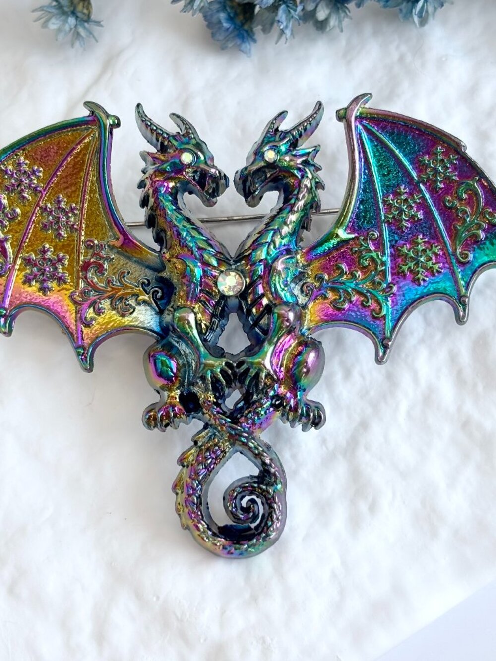 Iridescent Twin Dragon Figural Rhinestone Accented Vintage Inspired Brooch Pin - Picture 3 of 16